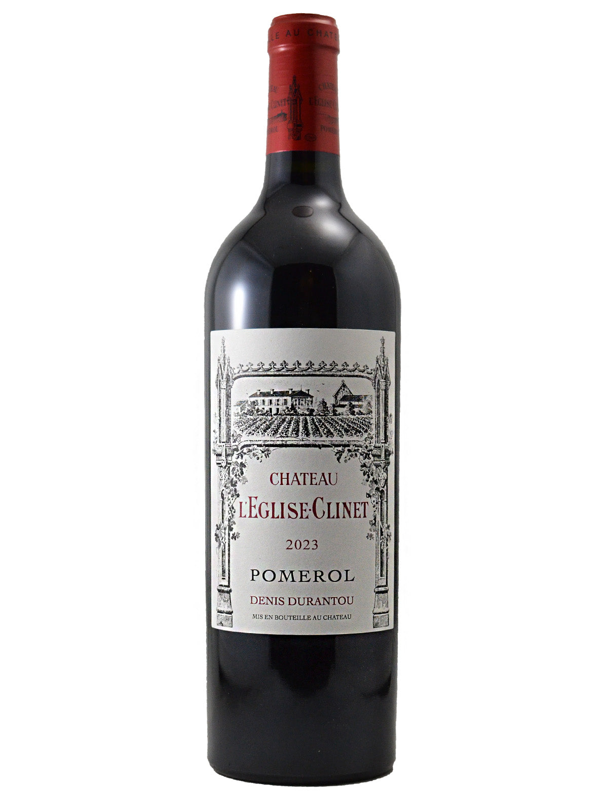 A bottle of Château L'Église-Clinet 2023 Pomerol red wine, featuring a dark glass bottle with a red foil capsule and a white label with black text and illustration of a chateau and rows of planted vines. All set against a white background.