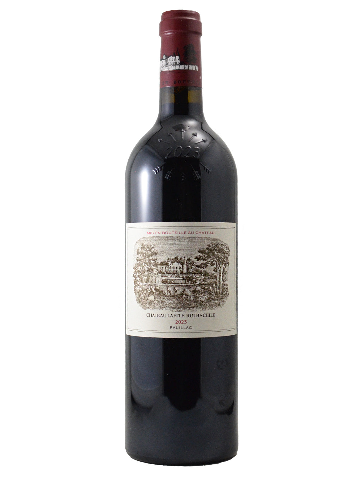 A bottle of Château Latour Rothschild 2023 red wine, featuring a dark glass bottle with a cream-colored label with an etched drawing of the chateau surrounded by trees, and a dark red foil capsule on the neck, set against a plain white background.