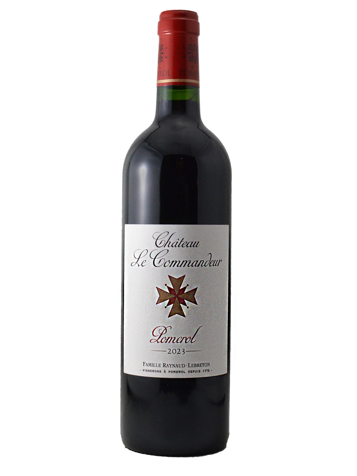 Red wine bottle with a red capsule and a label featuring a simple depiction of a cross and the text 'Chateau Le Commandeur Pomerol 2023' in script text. All set against plain white background.