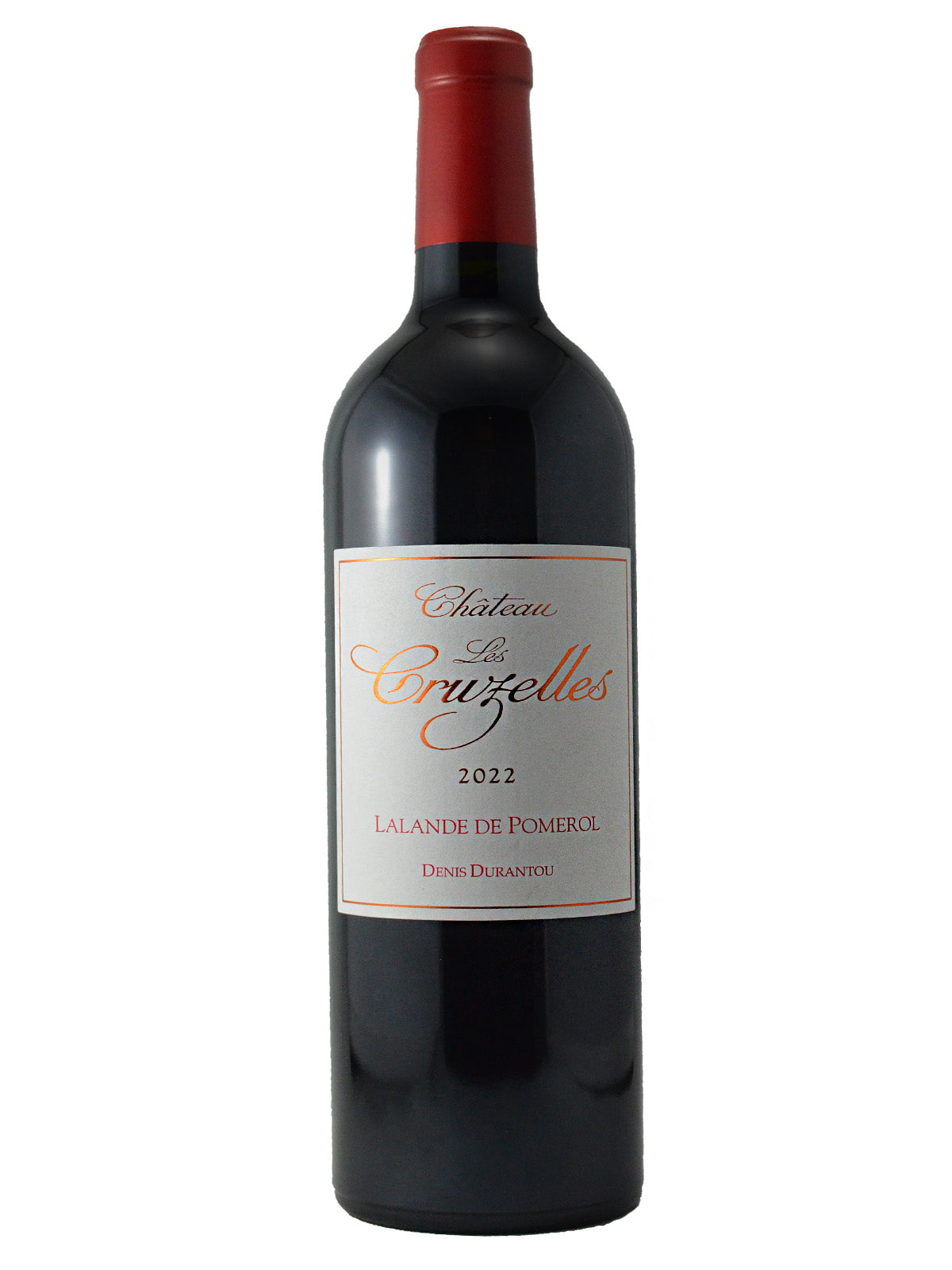 Chateau Les Cruzelles 2022 Lalande de Pomerol Denis Durantou Wine bottle with a white label and a red capsule on a white background.