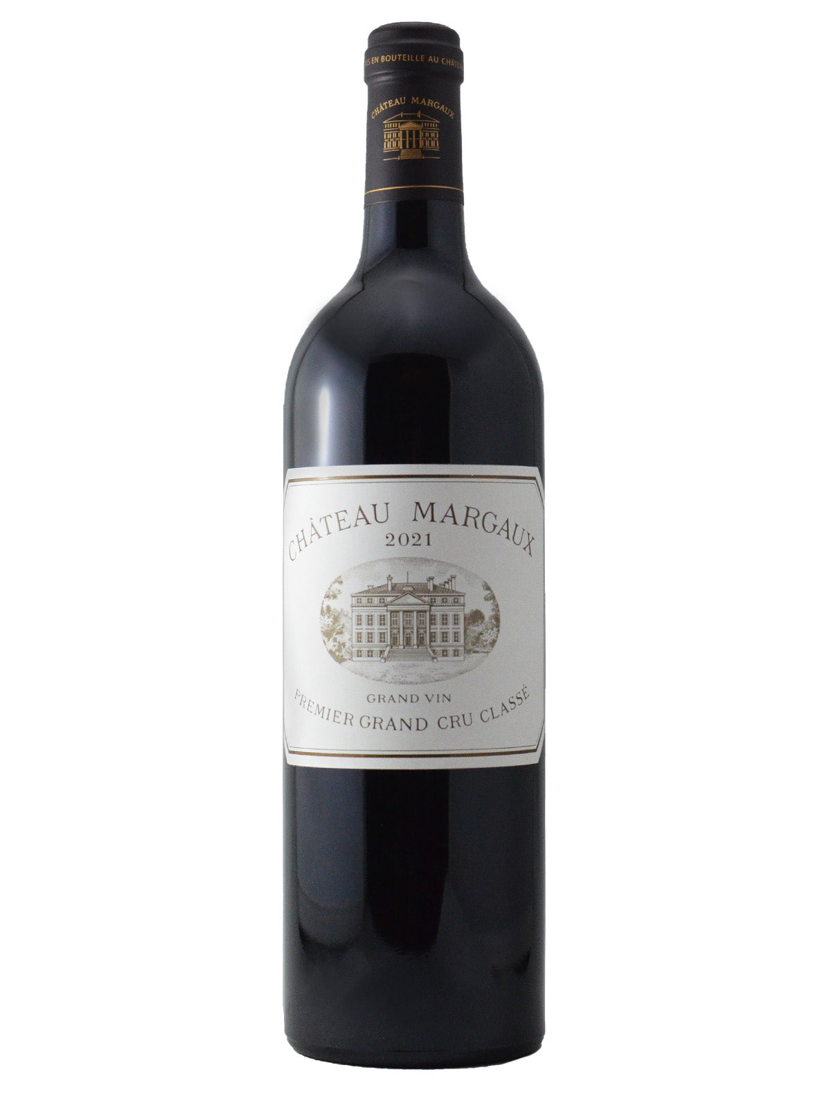 A bottle of 2021 Chàteau Margaux Premier Grand Cru Classe wine with a label that includes the wine's variety and vintage information.