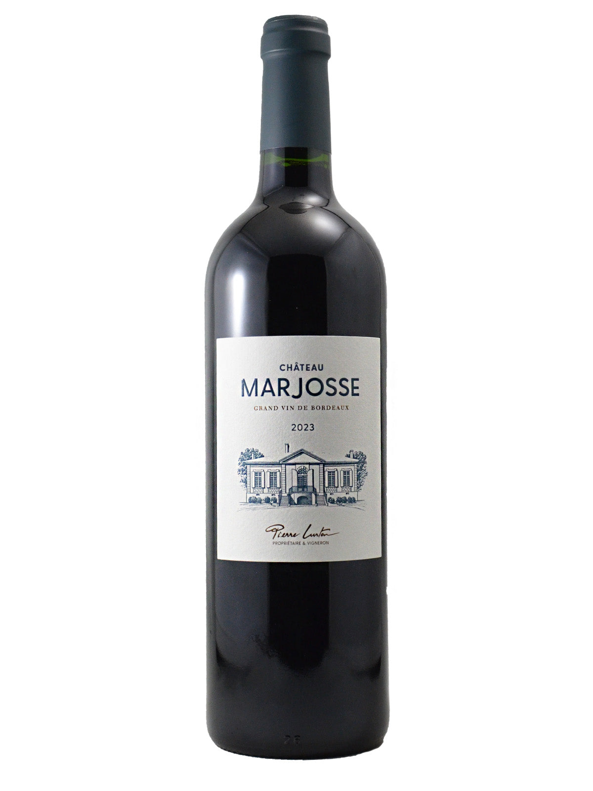A bottle of Château Marjosse Grand Vin des Bordeaux 2023 red wine, featuring a dark glass bottle with a white label and blue text and a dark grey enclosure, set against a plain white background. The label also features the simulated signature of Pierre Lurton at the bottom.