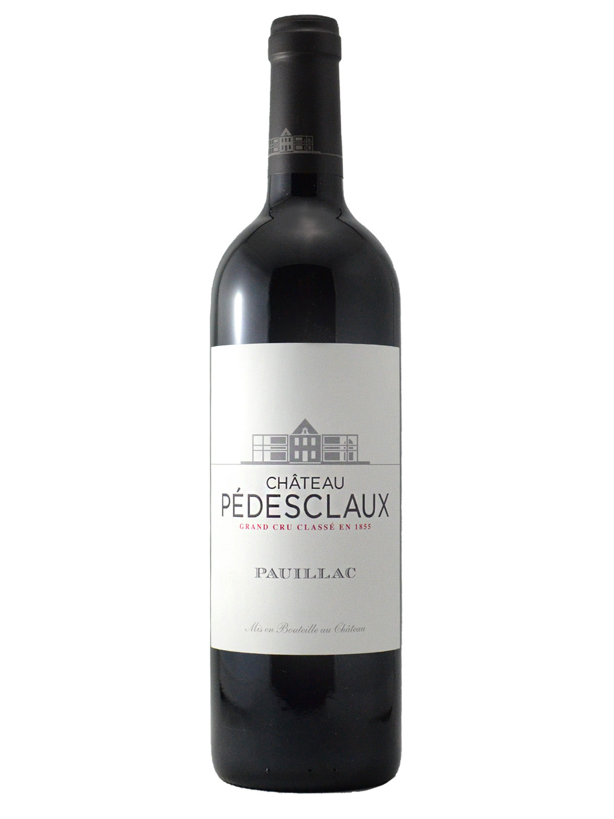 Bottle of Château Pédesclaux Grand Cru Classé Pauillac 2020 wine with a white label and black and red text. Features a line drawing representing the chateau itself. Black enclosure. All set against white background.