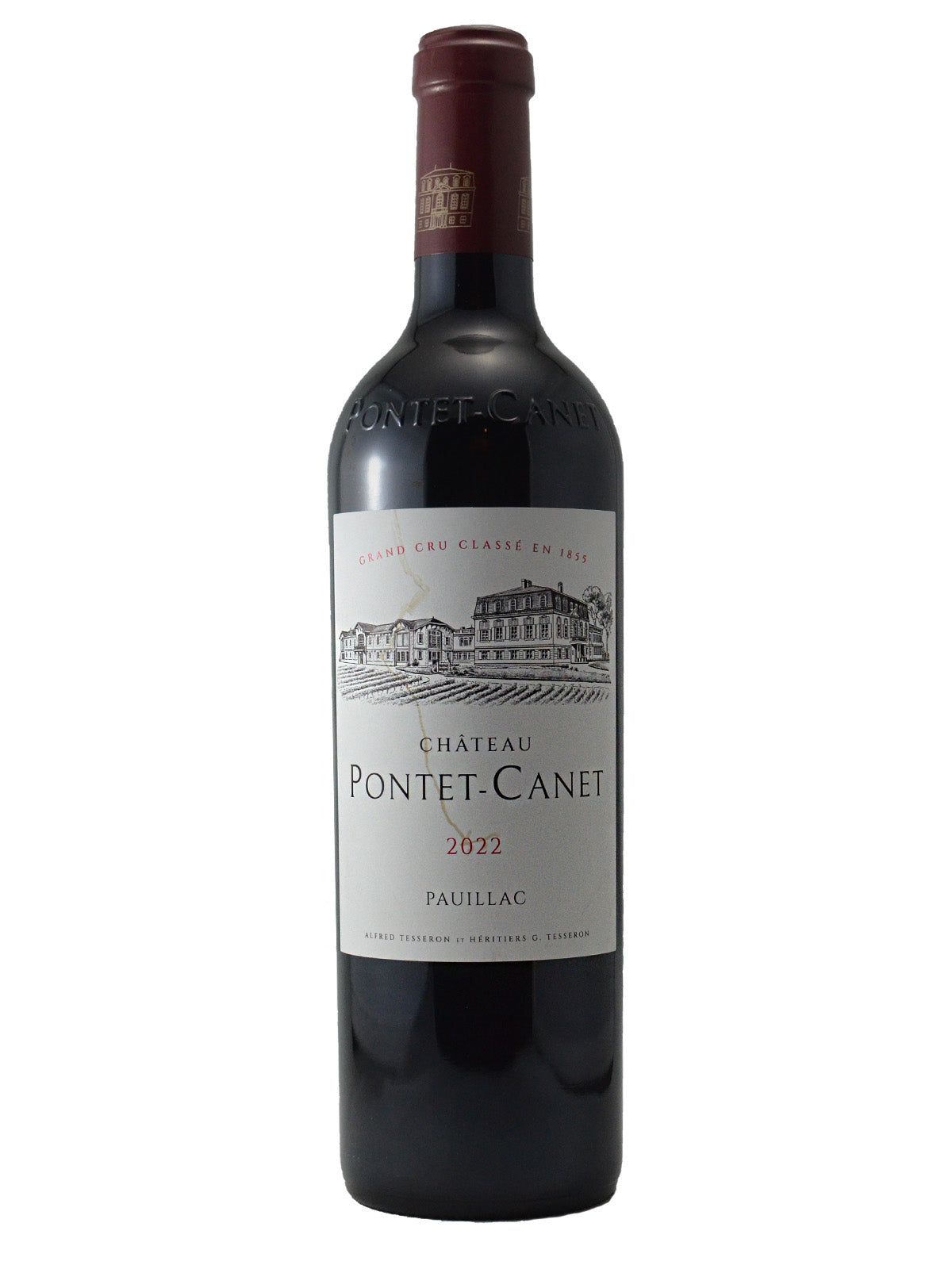 Wine bottle with 'Chateau Pontet-Canet 2022 Pauillac' label on a white background. Maroon-purple foil enclosure (cork).