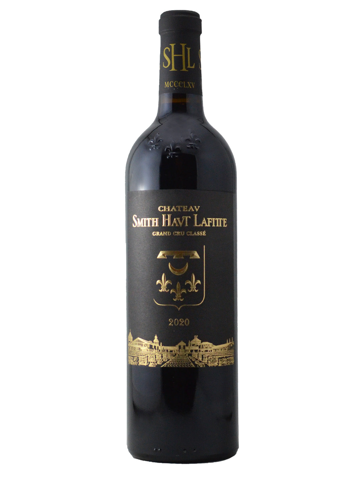 Bottle of Château Smith Haut Lafitte Grand Cru Classé 2020 wine with a dark label and gold accents.