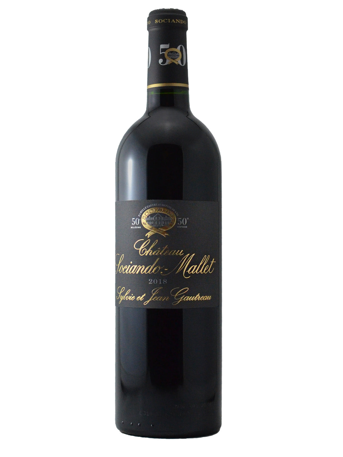 Bottle of Chateau Sociando Mallet red wine from Bordeaux. Black label with predominantly gold text in script. 2018 vintage. Set against white background.