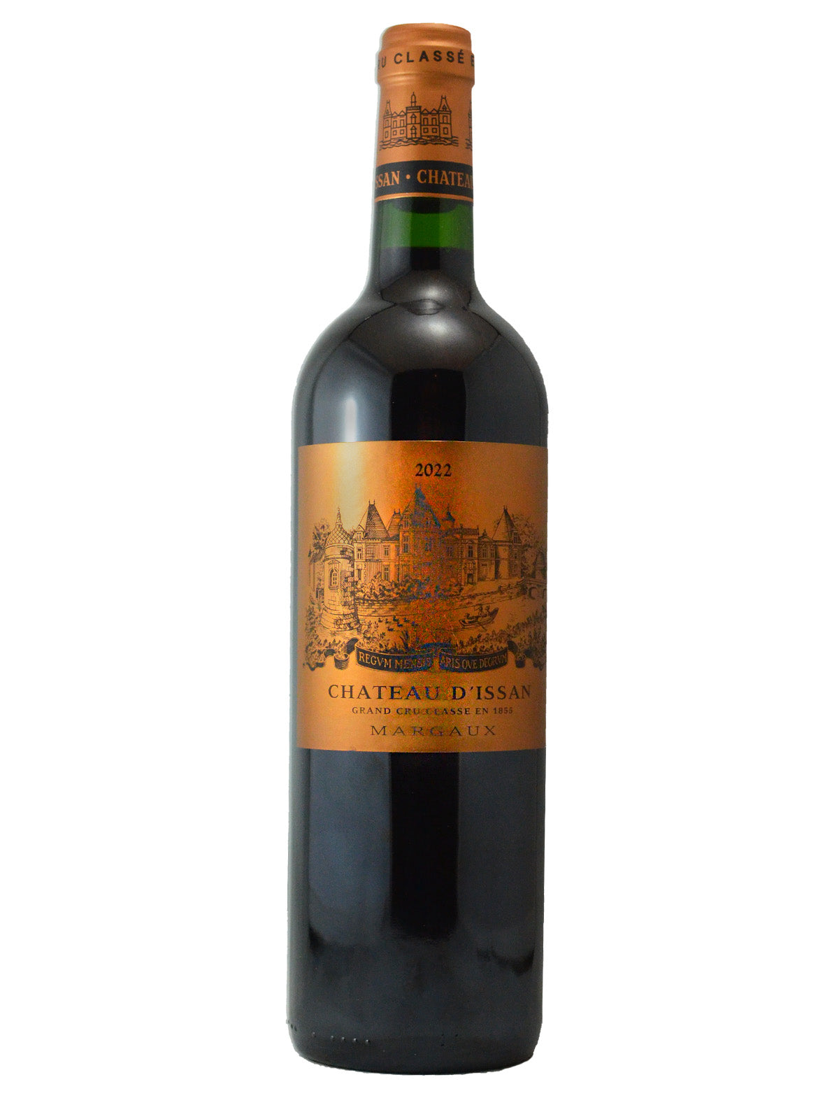 Wine bottle with a detailed orange label against a white background. Label reads '2022 Chateau D'Issan'. Orange enclosure (cork).
