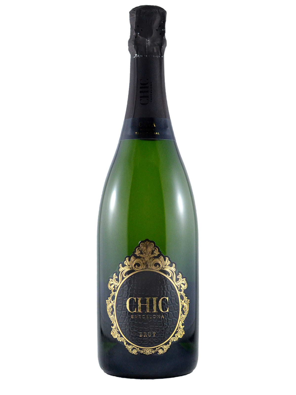 Bottle of CHIC Barcelona Brut sparkling wine - green glass, black foil over traditional sparkling enclosure. Label is an ornate gilded gold border around simple gold text with the wine name on black. All set against white background.