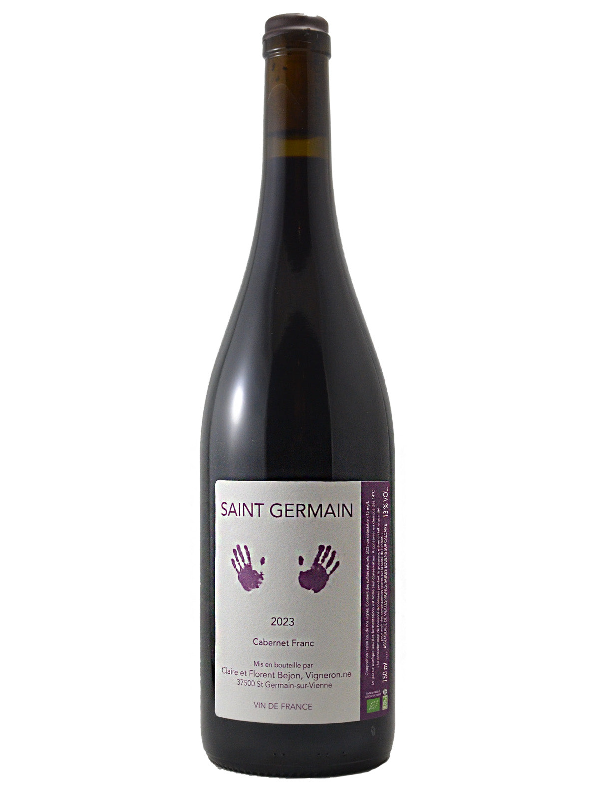 Red wine bottle set against a white background. Bottle has a brown capsule, and a label with purple text on white. Label features a pair of handprints, plus the text '2023', 'Cabernet Franc' and 'Vin de France' plus additional minor details.