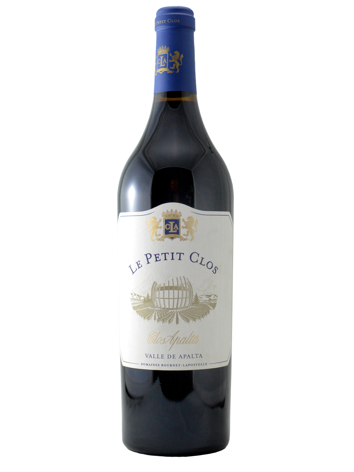 A bottle of 2020 Clos Apalta Le Petit Clos wine with a label that includes the wine variety and vintage information.