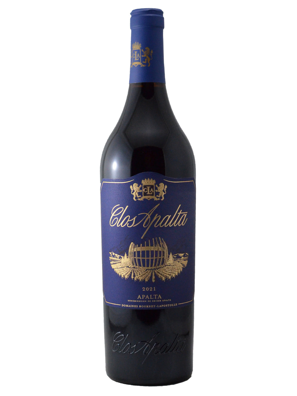 A bottle of Clos Apalta 2021 wine with a blue label featuring gold accents and text, representing a red wine from Chile.
