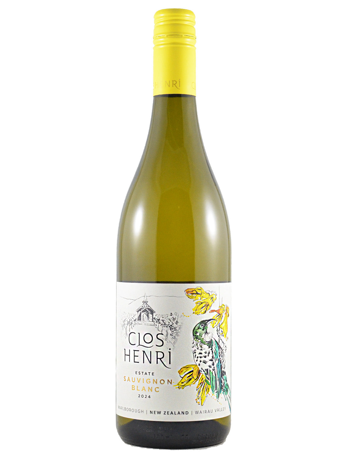 Wine bottle with yellow screwcap and white label on a white background. Label reads 'Clos Henri Estate Sauvignon Blanc 2024 Marlborough New Zealand Wairau Valley' and has a painted bird, possibly a hummingbird, drinking nectar from yellow flowers.