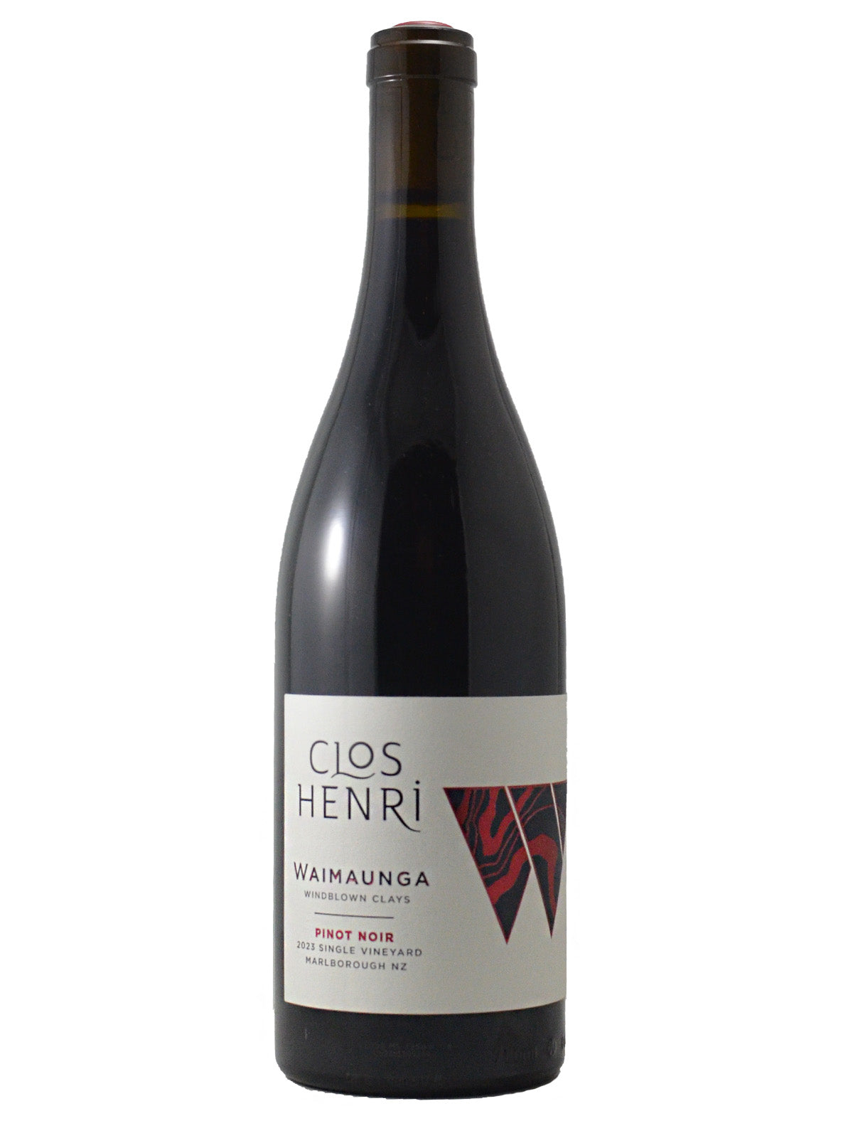 Wine bottle labeled 'Clos Henri' on a white background. Further text reads 'Waimaunga Windblown Clays Pinot Noir 2023 Single Vineyard Marlborough NZ'. Cork enclosure.