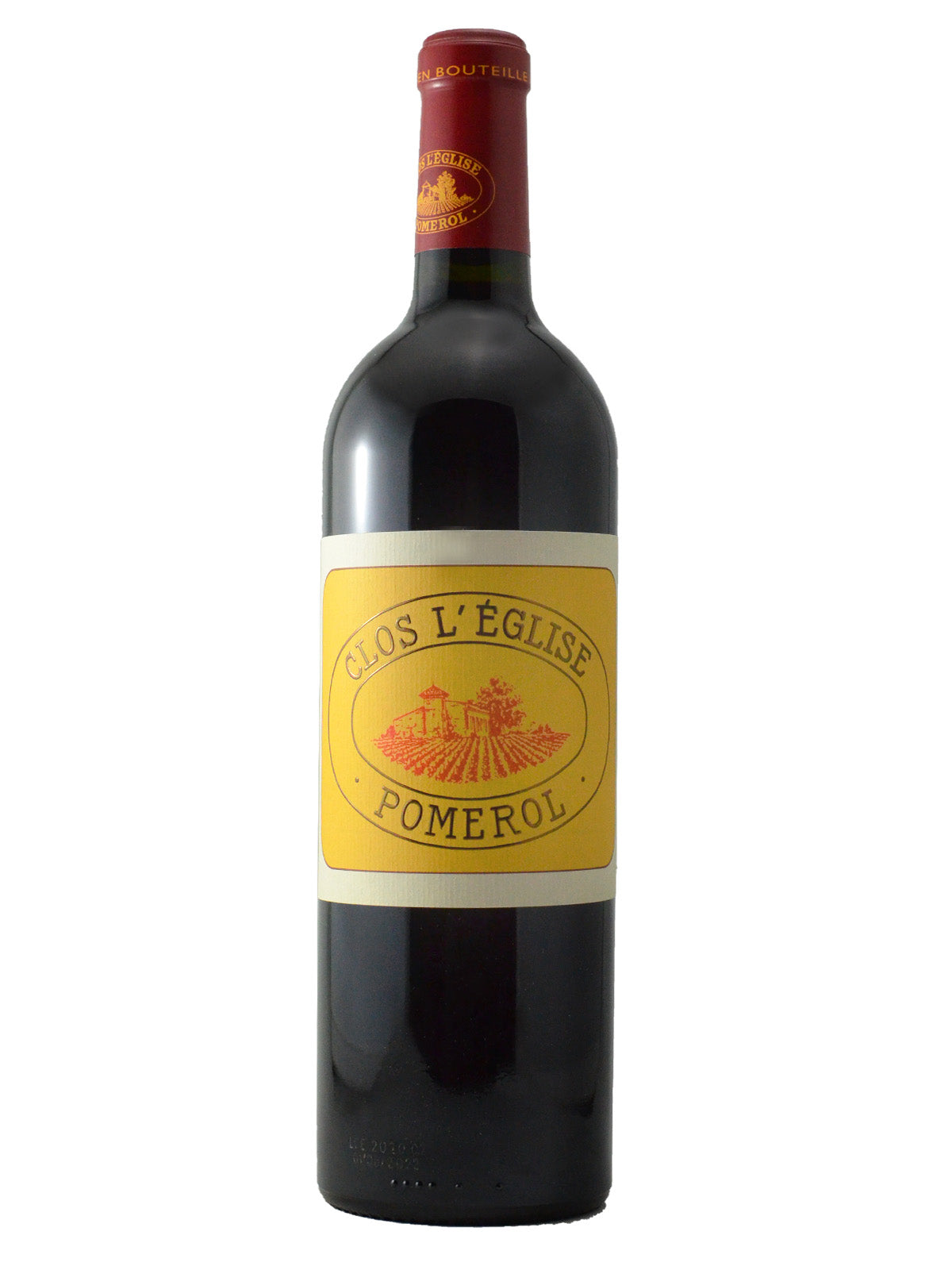 A bottle of 2020 Clos L'Eglise wine with a yellow label that includes the name of the vineyard and the region in an oval surrounding a red drawing of the chateau.& vineyard. Red enclosure with the same depiction as the label but in yellow. All set against a plain white background.