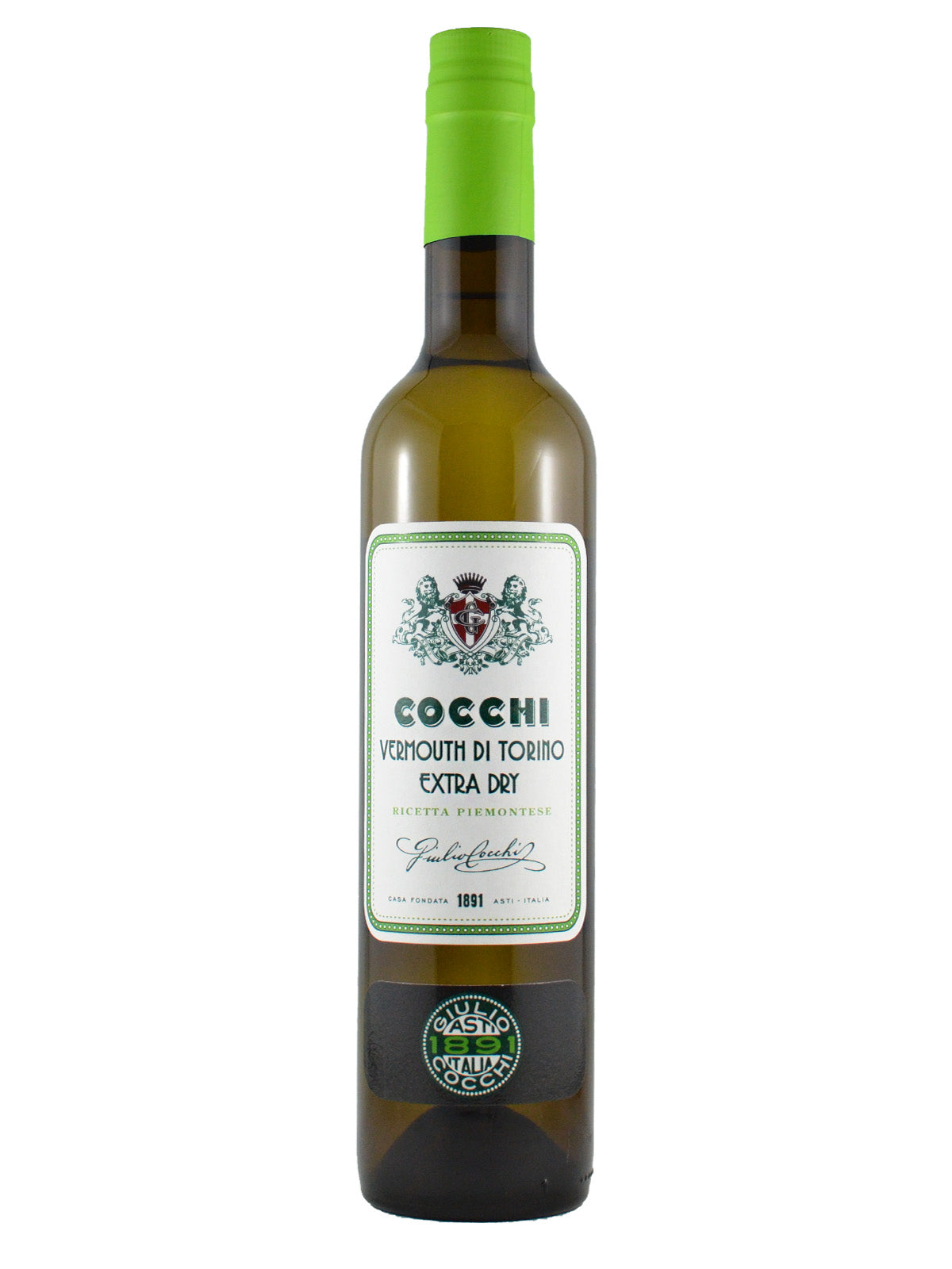 500ml bottle of Cocchi Vermouth di Torino Extra Dry with a green cap, white label, and Piedmontese flag colors.