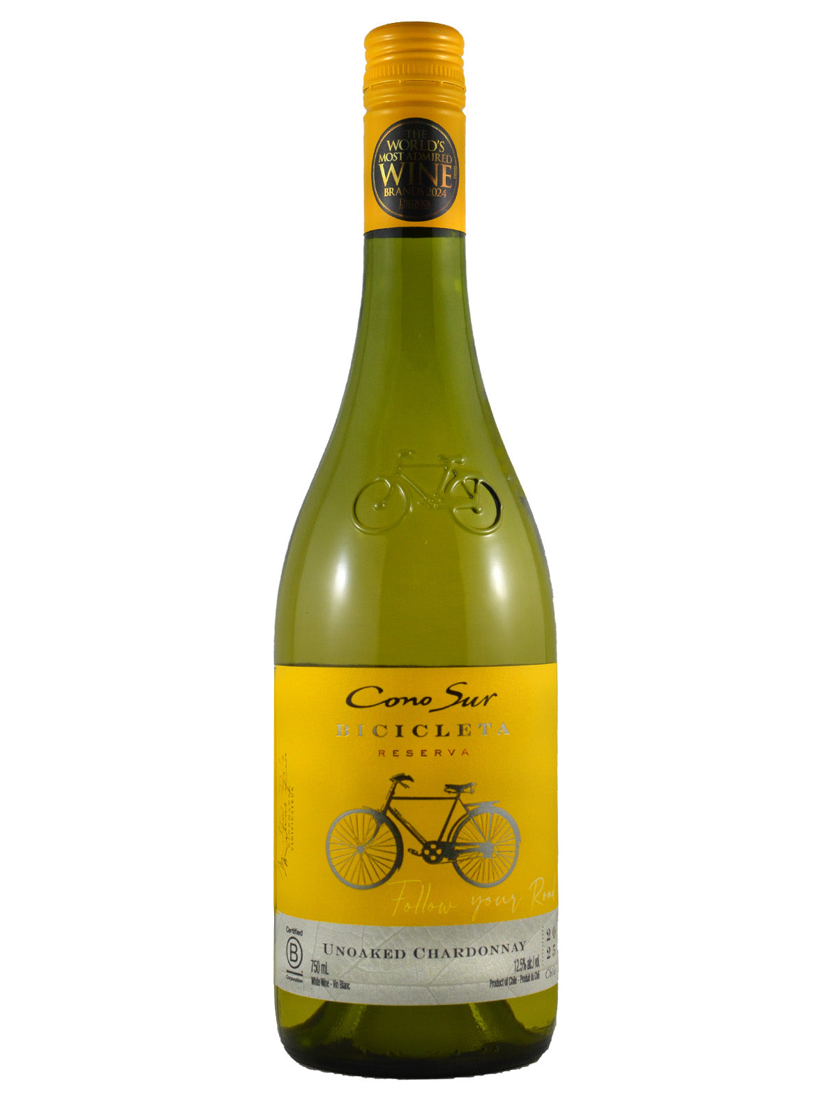 Wine bottle with yellow label featuring a bicycle design and the text Cono Sur Bicicleta Unbaked Chardonnay on a white background