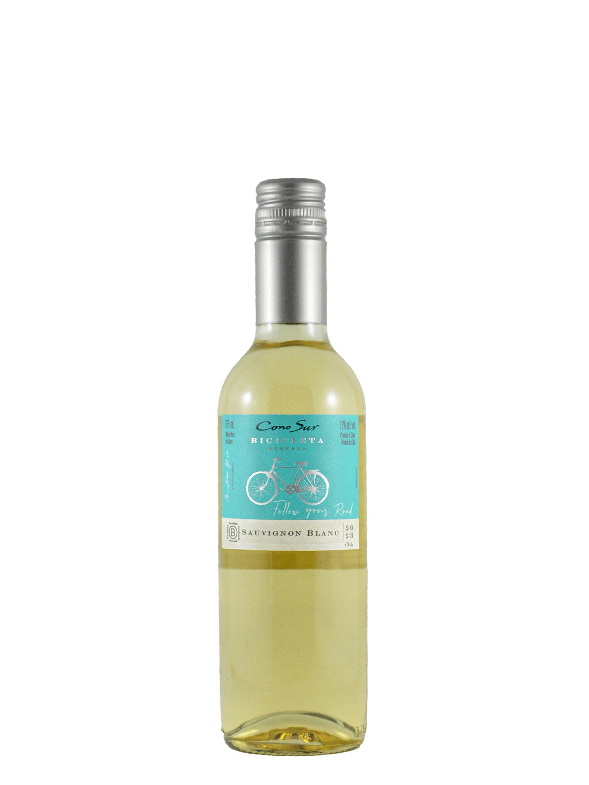 A bottle of Cono Sur Bicicleta Sauvignon Blanc wine with a label showing a bicycle and the text 'Chimbarongo, Santa Elisa Estate'.