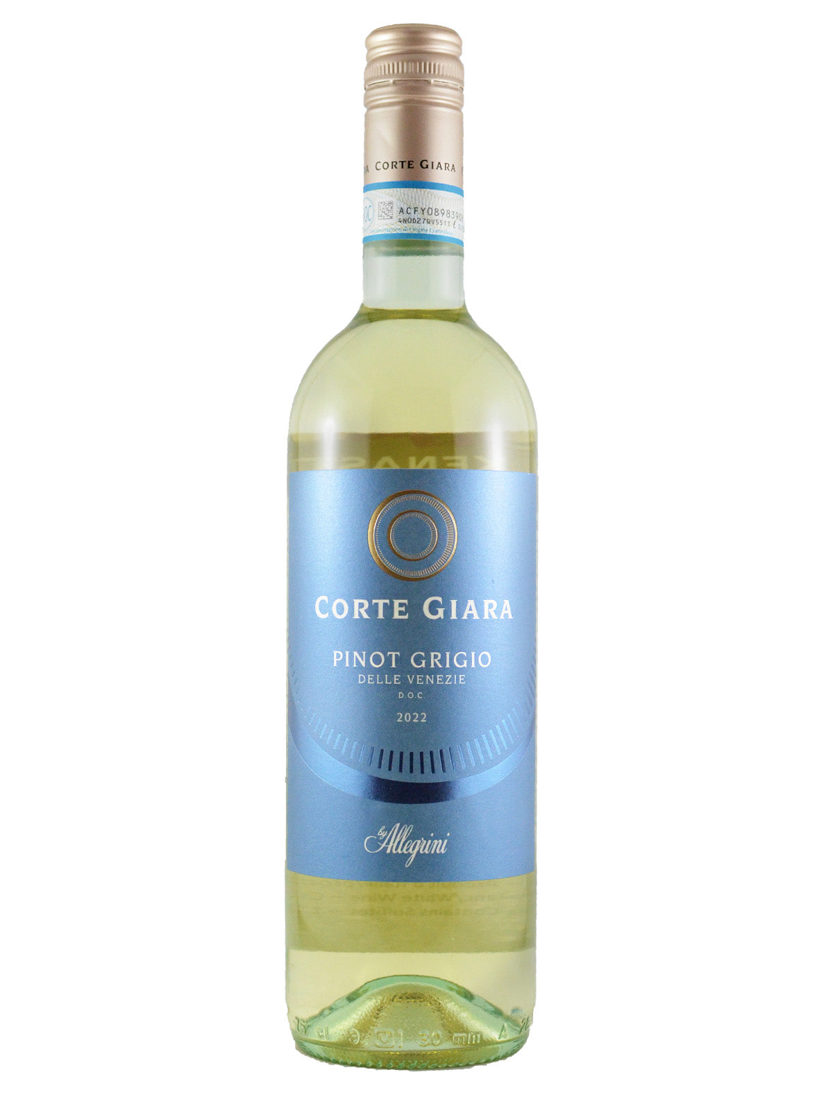 A bottle of Allegrini Corte Giara Pinot Grigio with a blue label showing the brand, wine name, and two concentric circles as a logo with some simple line art underneath the wine information. Rose gold screw cap enclosure with DOC guarantee label below. All set against white background.