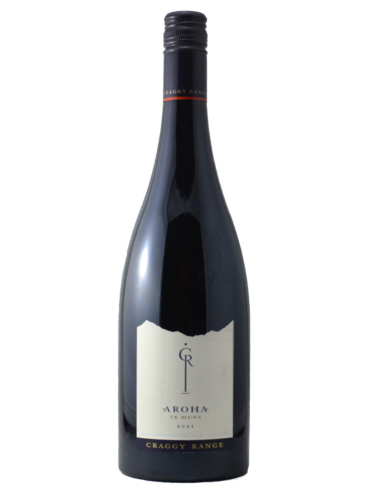 Bottle of Craggy Range Aroha Te Muna pinot noir red wine from New Zealand. Dark blue screw cap.