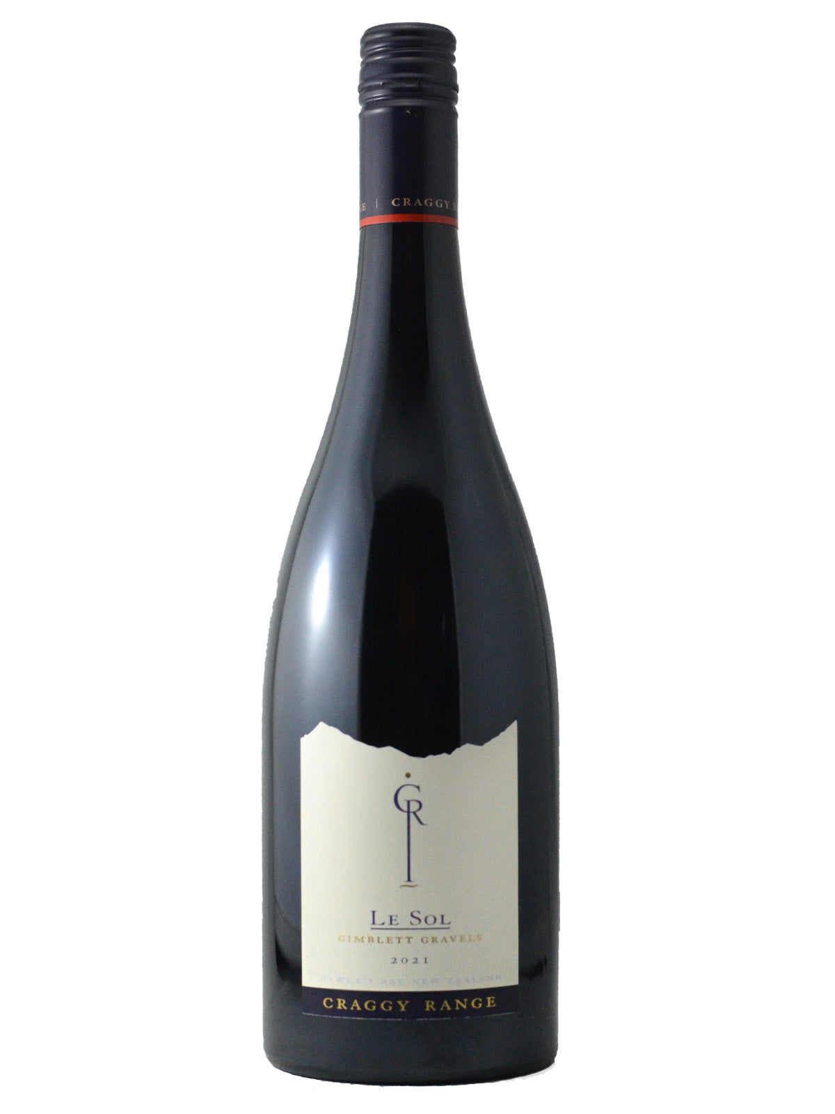 Bottle of New Zealand Syrah red wine from Craggy Range - called Le Sol - Gimblett Gravels, 2021 vintage. Dark blue screwca.