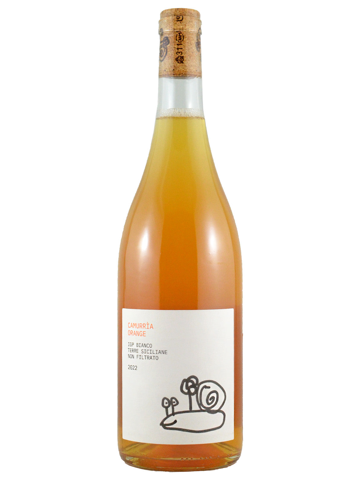 Bottle of Di Giovanna Camurria Orange wine with a label featuring a crude illustration of a snail, indicating the wine is from Sicily, Italy. Clear glass, no capsule, visible cork enclosure. All set against white background.