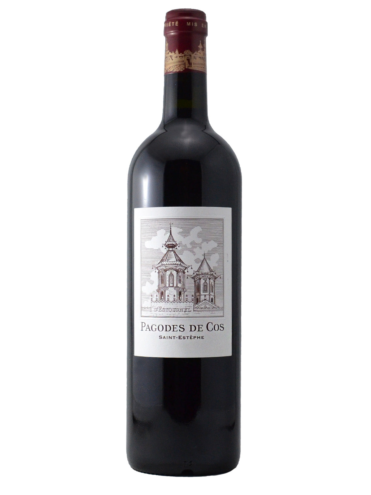 A bottle of Cos D'Estournel Pagodes de Cos St. Estèphe 2020 wine from Bordeaux with a label that includes an illustration of two chateau 'pagodas' and text. Red and yellow enclosure on the top. All set against plain white background.