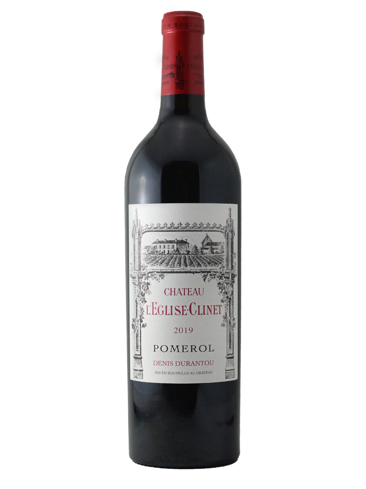 Bottle of Denis Durantou Château L'Eglise Clinet 2019 wine from Pomerol, Bordeaux, France.