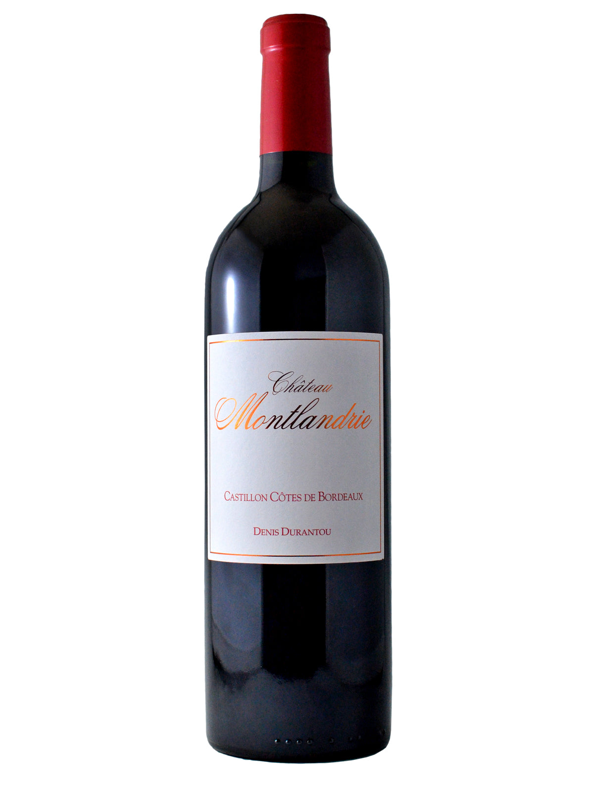 Bottle of Chétaito Montlandrie 2021 wine with a red cap and a label indicating it is a product from Cotes de Castillon, Bordeaux, France. Part of the Denis Durantou portfolio. All against a white background.
