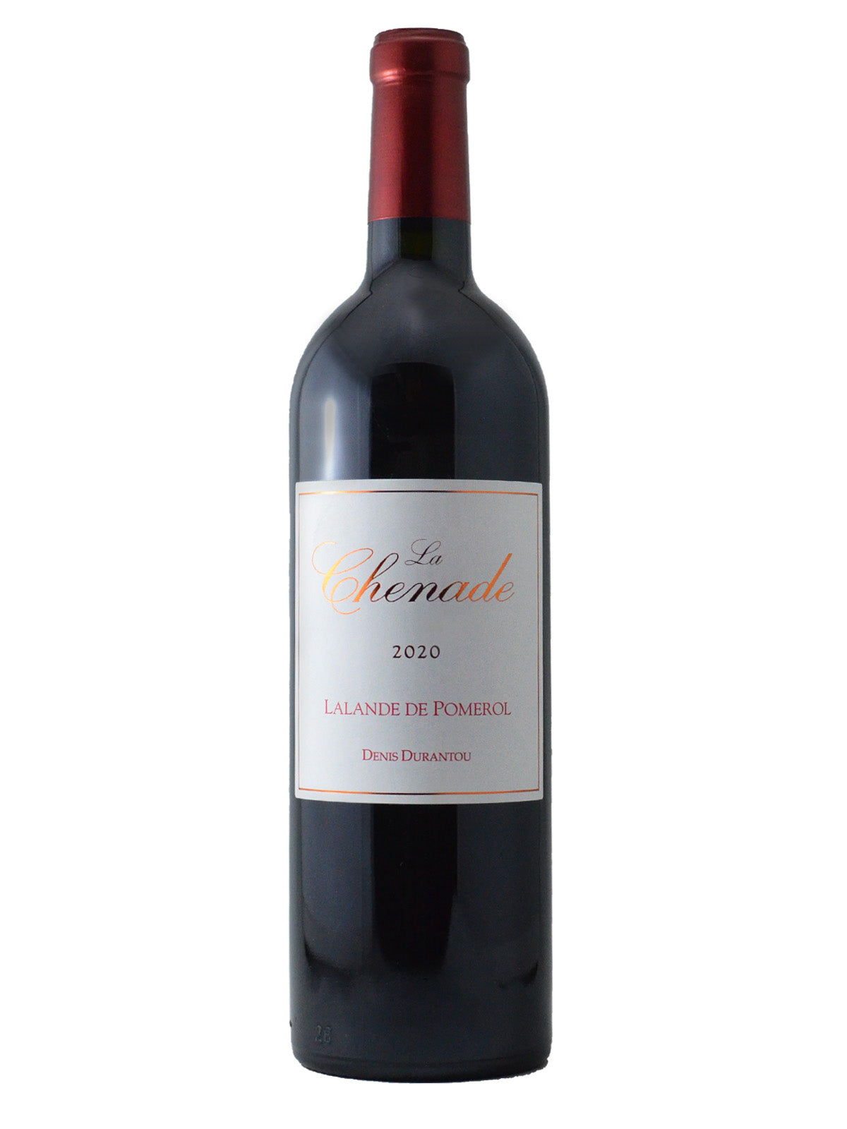 Bottle of Denis Durantou La Chenade Lalande De Pomerol 2020 red Bordeaux wine with white label and simple text and a red foil capsule all against white background.