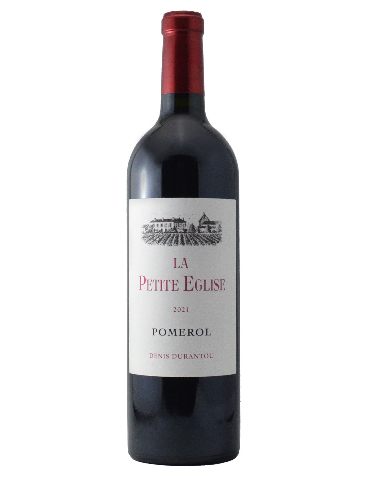 A bottle of La Petite Eglise Pomerol 2021 wine with a label that includes the wine variety and the word 'Pomerol' - from Denis Durantou.