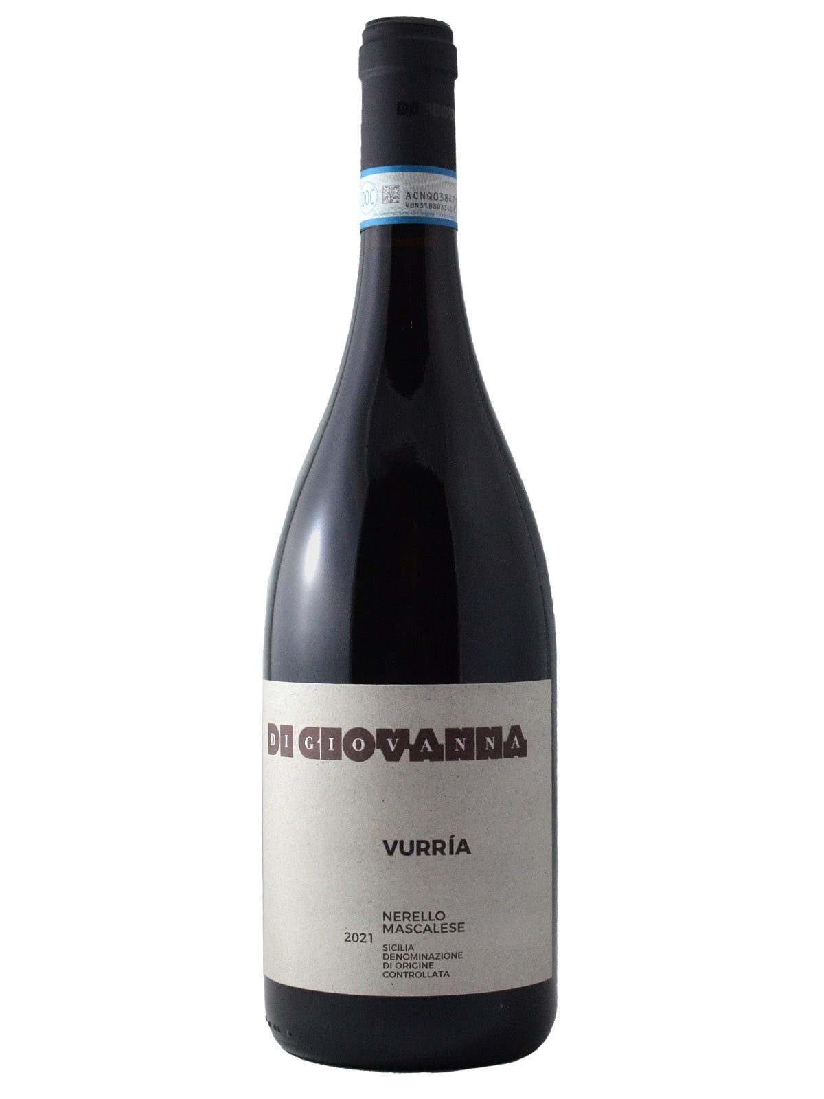 A bottle of Di Giovanna Vurria Nerello Mascalese wine with a label that includes the wine maker, variety and the word 'Vurria' and the vintage '2021'. Black enclosure over cork with DOC label surrounding on neck label. All against white background.