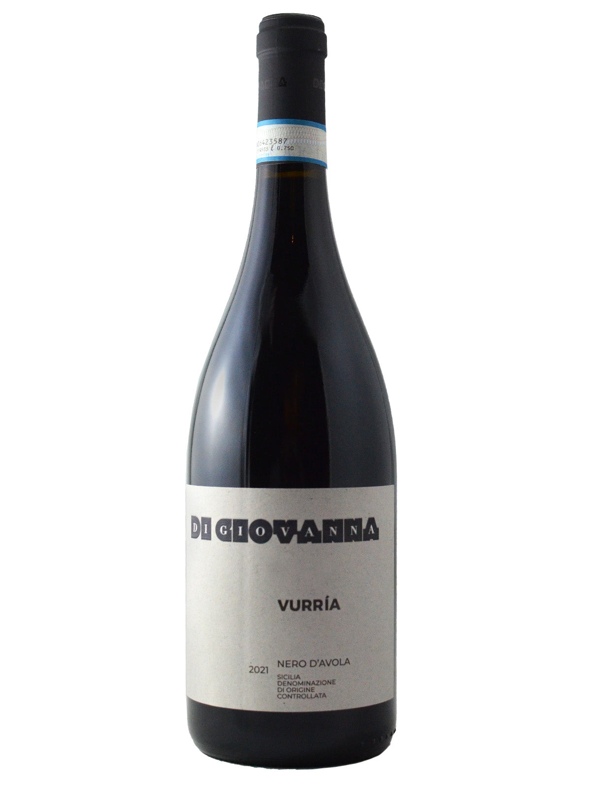 A bottle of Di Giovanna Vurria Nero D'Avola wine with a label that includes the wine maker, variety and the word 'Vurria' and the vintage '2021'. Black enclosure over cork with DOC label surrounding on neck label. All against white background.