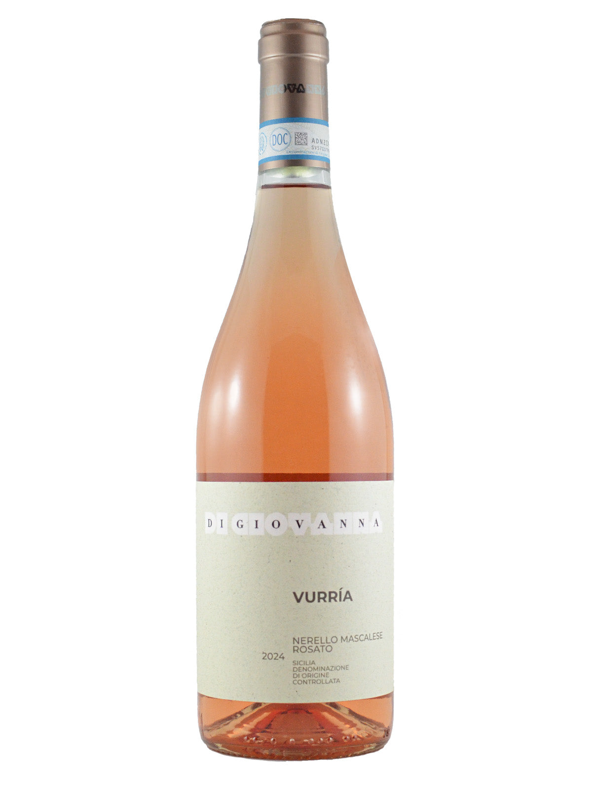 Bottle of Di Giovanni Vurria Nerello Mascalese Rosato rose wine on a white background