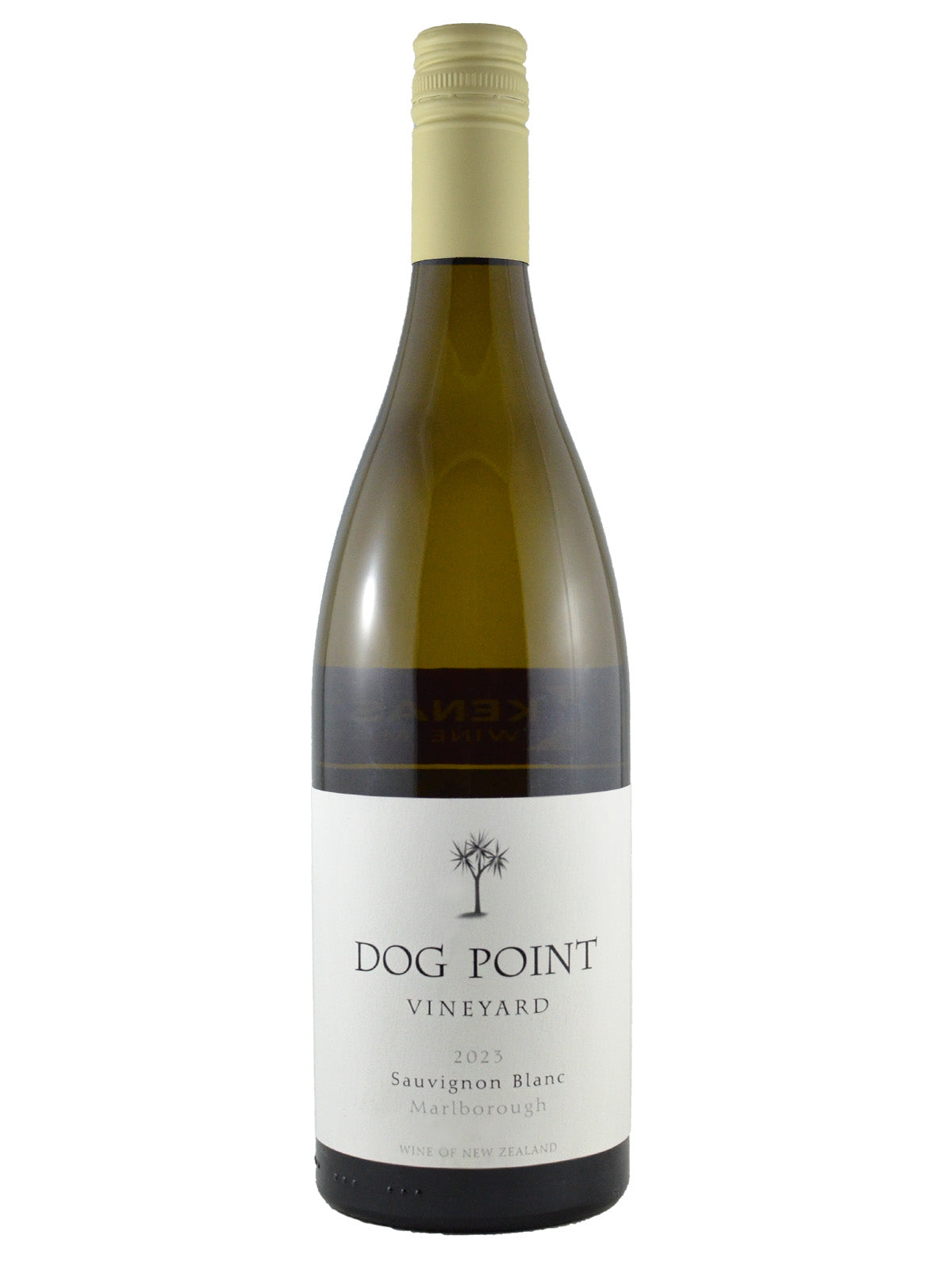 Bottle of Dog Point Sauvignon Blanc wine with a white label on a plain background.
