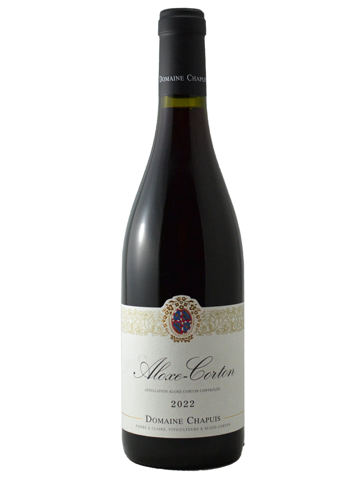 Bottle of Chapuis Aloxe-Corton Pinot Noir 2022 wine with a label featuring the brand name and year, from the Domaine Chapuis winery.