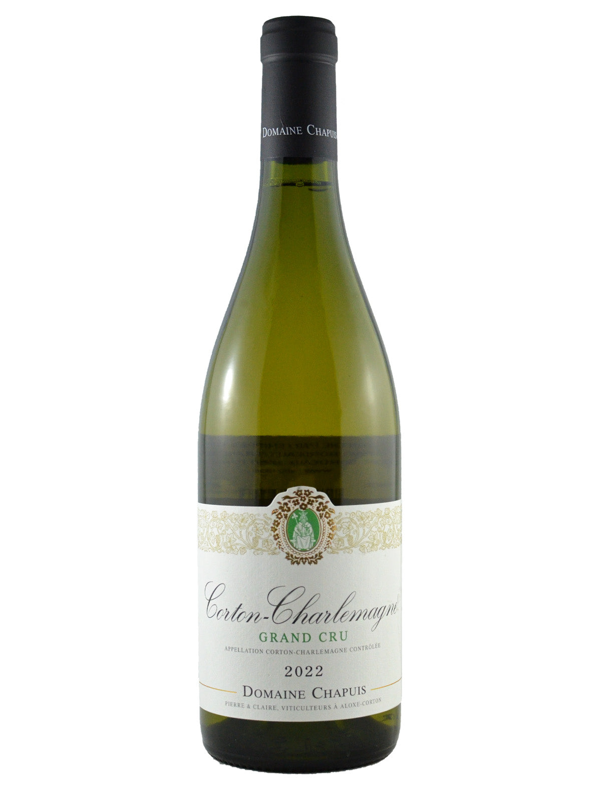 Bottle of Chapuis Corton Charlemagne Grand Cru 2022 wine with a white label and green text, predominantly featuring the Chardonnay grape variety.