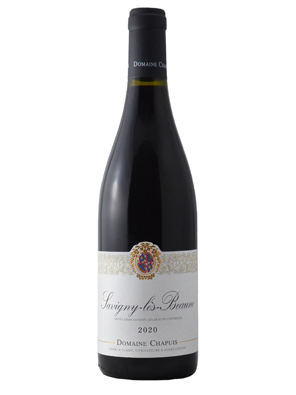 A bottle of 2020 Domaine Chapuis Savigny-les-Beaune Pinot Noir wine with a label that includes the wine variety and vintage.