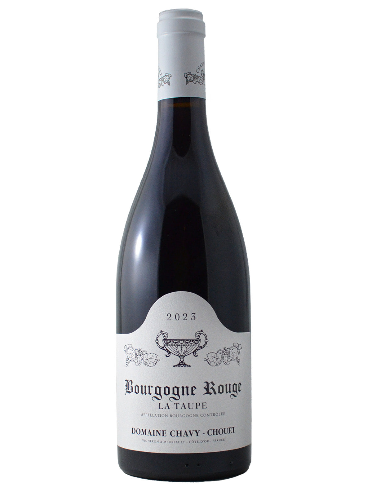Bottle of Bourgogne Rouge La Taupe wine with a white label featuring the wine info and a trophy/cup logo, plus a white enclosure on the top of the bottle, all on a white background