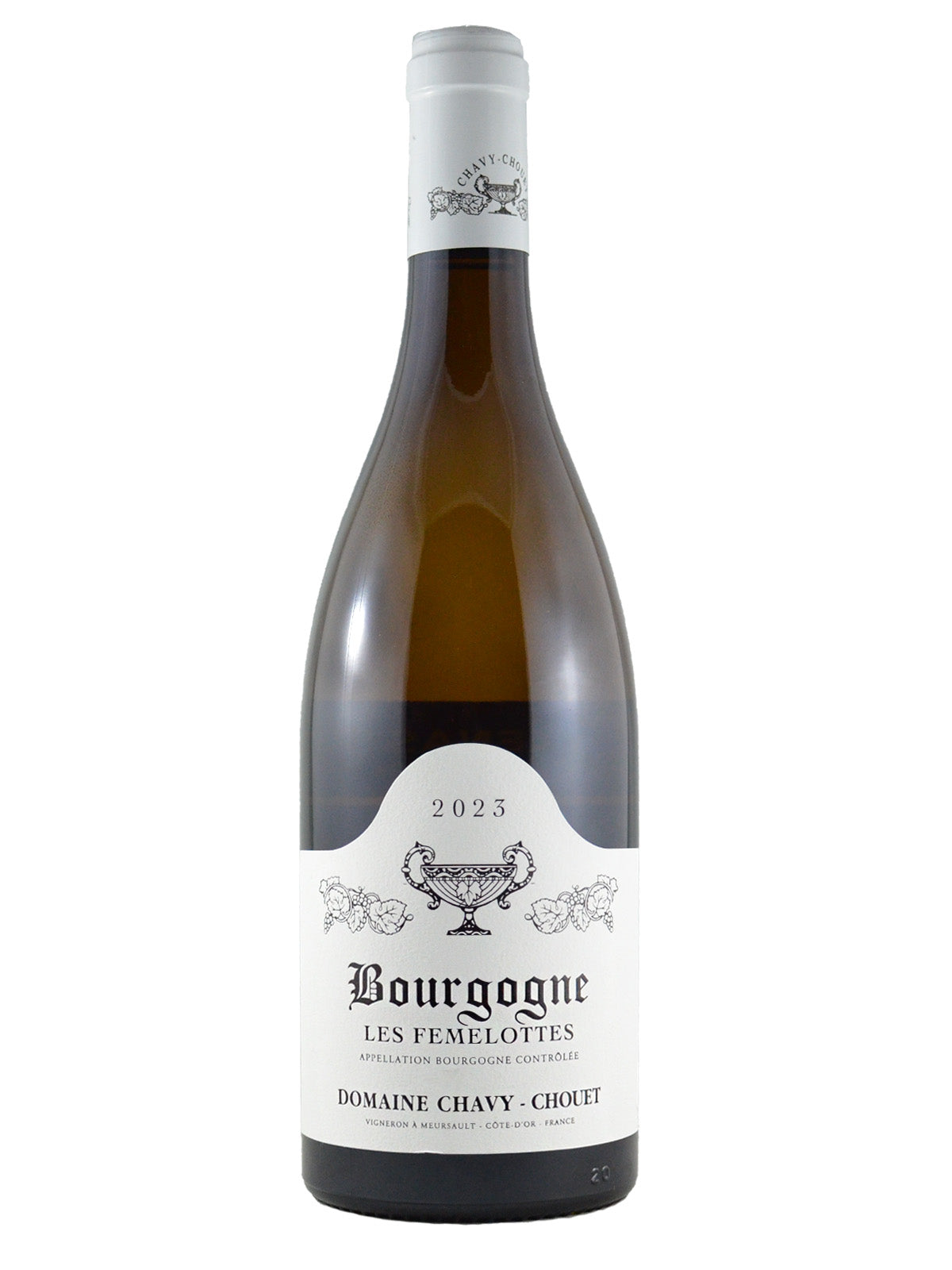 Domains Chavy-Chouet Bourgogne Les Femelottes white Wine bottle with white label featuring a trophy/cup logo design and wine info, plus a white enclosure on top, all on a white background