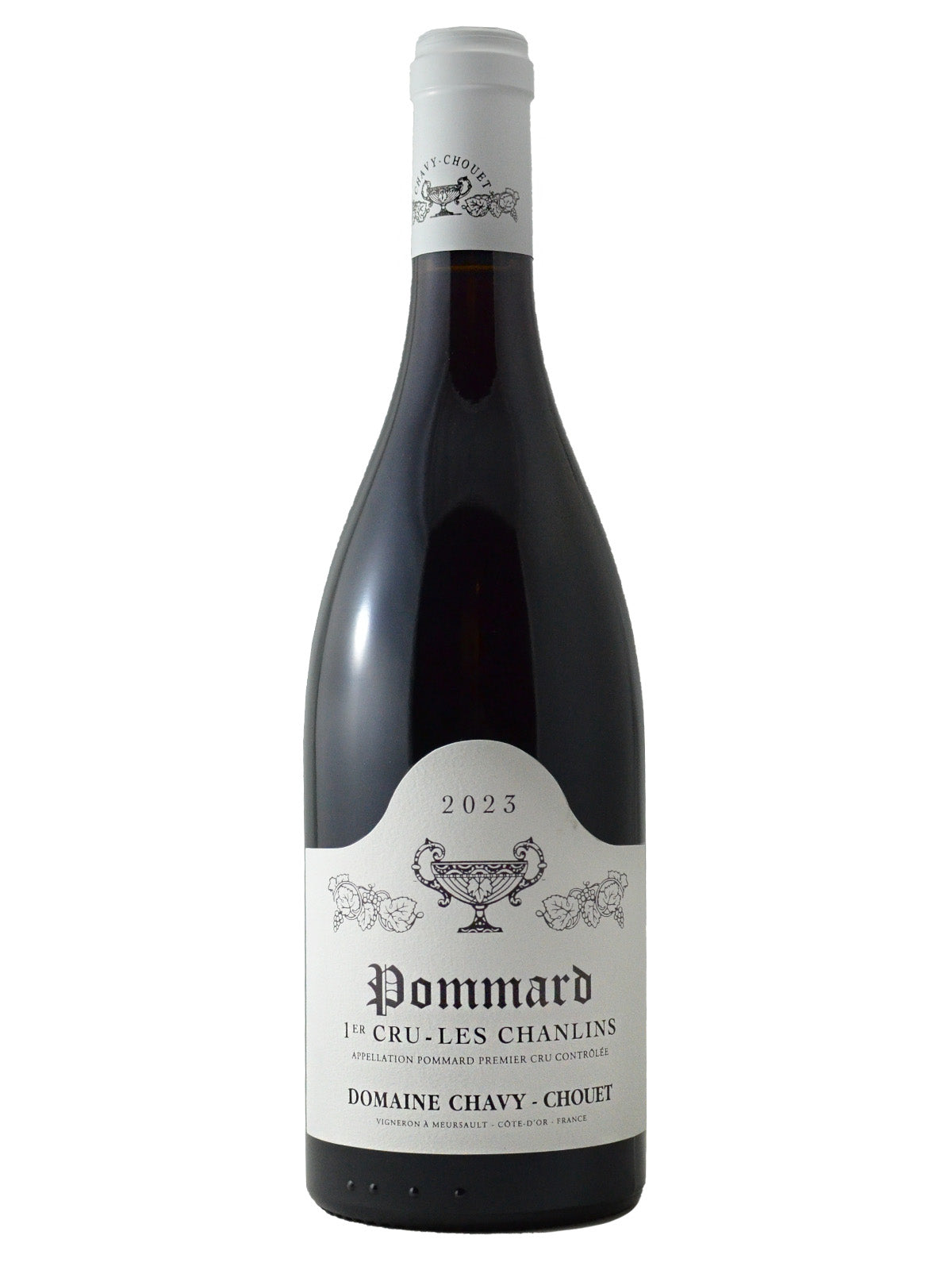 Pommard Burgundy Wine bottle with a white label with a trophy/cup logo and wine info on a white background. White enclosure on top.