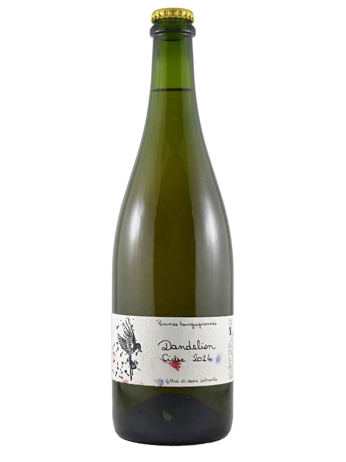 Green glass bottle of Domaine Dandelion Cidre 2024 with an ink-style drawing of a bird and some random ink splodges across the label in red and blue.. Gold soda pop style cap. All set against white background.