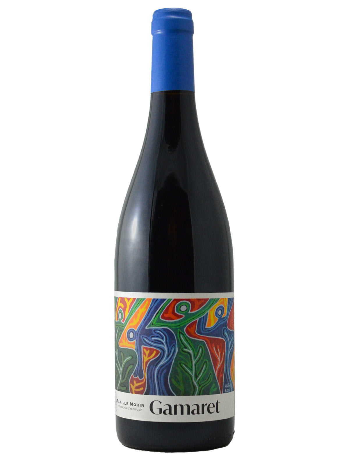 A bottle of Domaine Famille Morin Gamaret wine with a colorful, abstract design on the label.