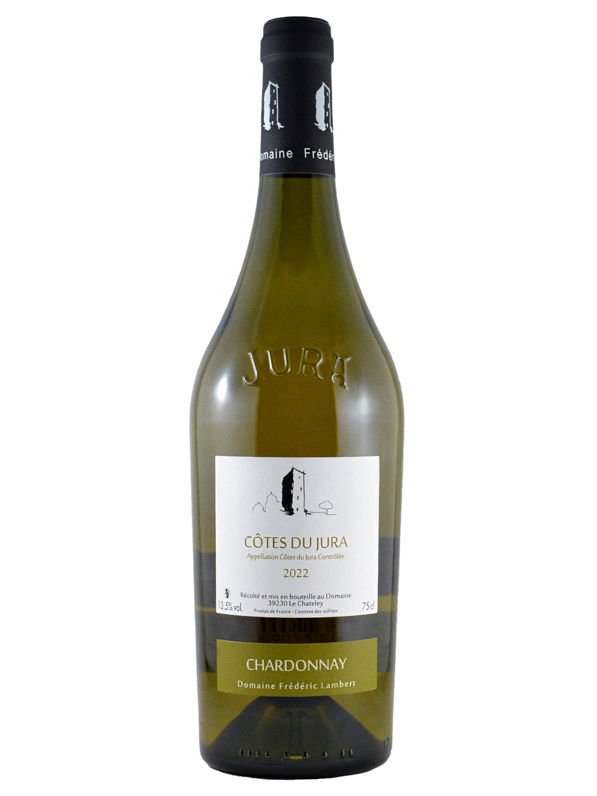 Wine bottle of Cotes du Jura Chardonnay on a white background
