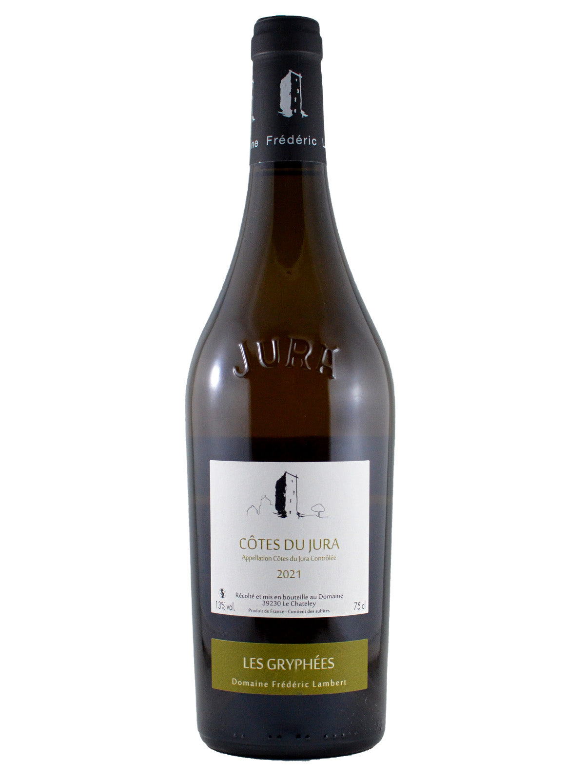 Cotes Du Jura/Domaine Frederic Lambert 'Les Gryphees' white wine bottle with a label on a white background