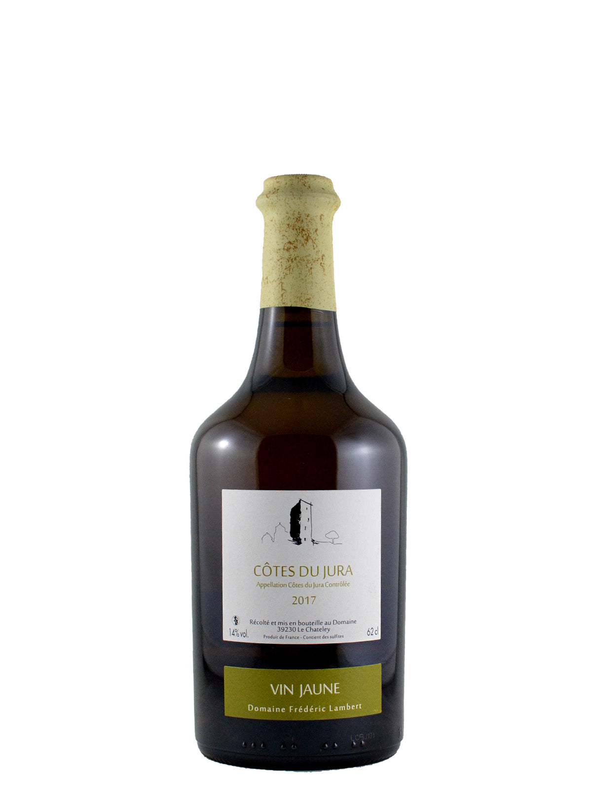 Wine bottle labeled 'Côtes du Jura Vin Jaune' on a white background