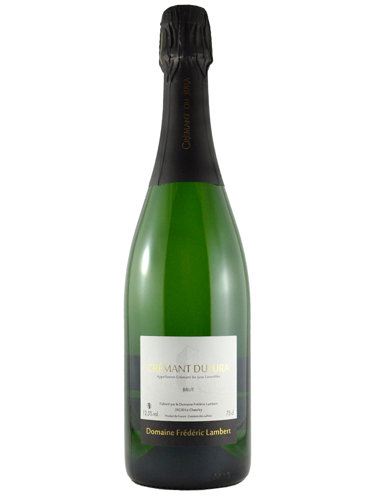 Green champagne-style bottle of sparkling Jura white wine from Domaine Frederic Lambert with black foil on a white background
