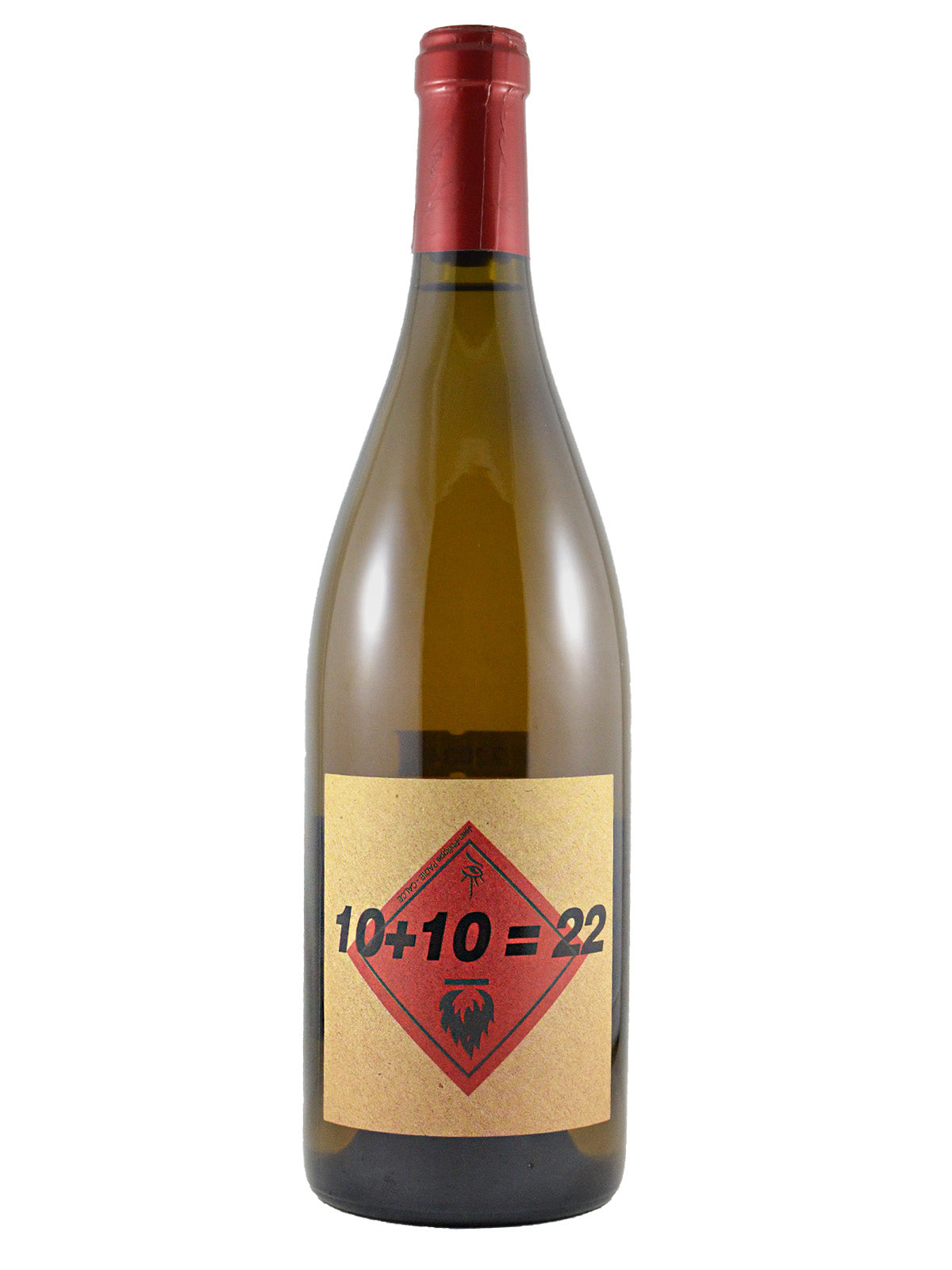 A bottle of wine with a brown paper label featuring a red "flammable warning" diamond and the black text '10+10 = 22'. The bottle has a red foil top and is shown on a plain white background.