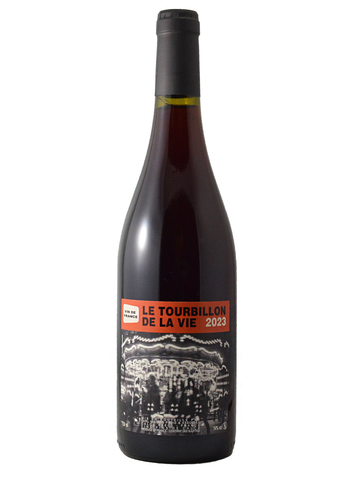 A bottle of red wine with a dark gunmetal grey cap, and a label featuring a black and white photo of a carousel with a deep orange-red banner reading 'LE TOURBILLON DE LA VIE 2023' and 'VIN DE FRANCE'. Bottle is set against a plain white background.