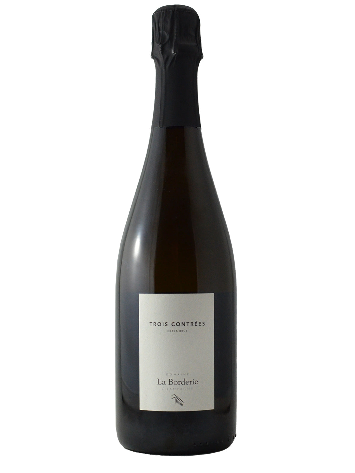 Champagne bottle with a label saying 'trois contrees' from La Borderie on a white background