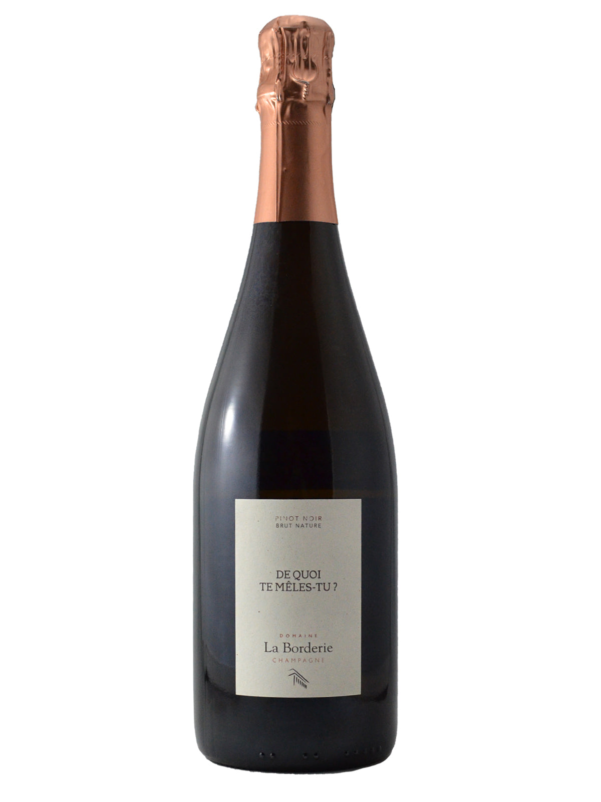 Champagne bottle with a white label that says 'De Quoi Te Meles-Tu?' from La Borderie on a white background